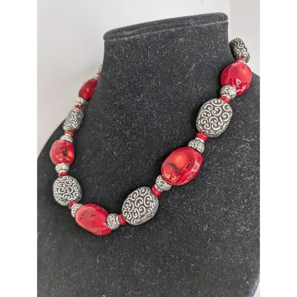 Brighton Red Coral Silver Plated Bead Necklace w/Adjustable Clasp Length 20" - Picture 2 of 6